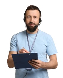 Photo of Technical support call center. Operator with clipboard on white background