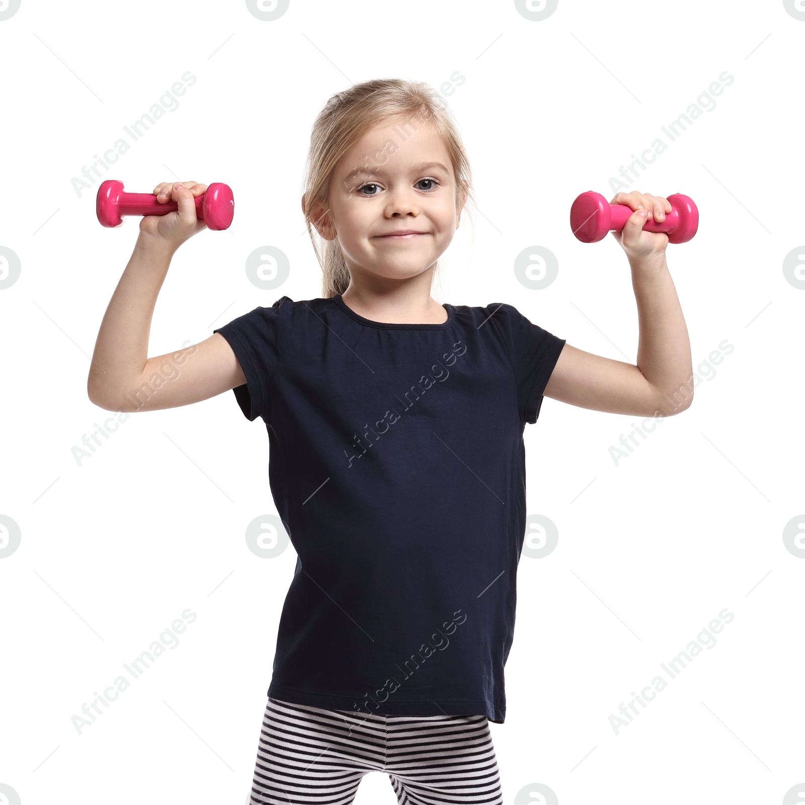 Photo of Little girl exercising with dumbbells on white background. Sport activity