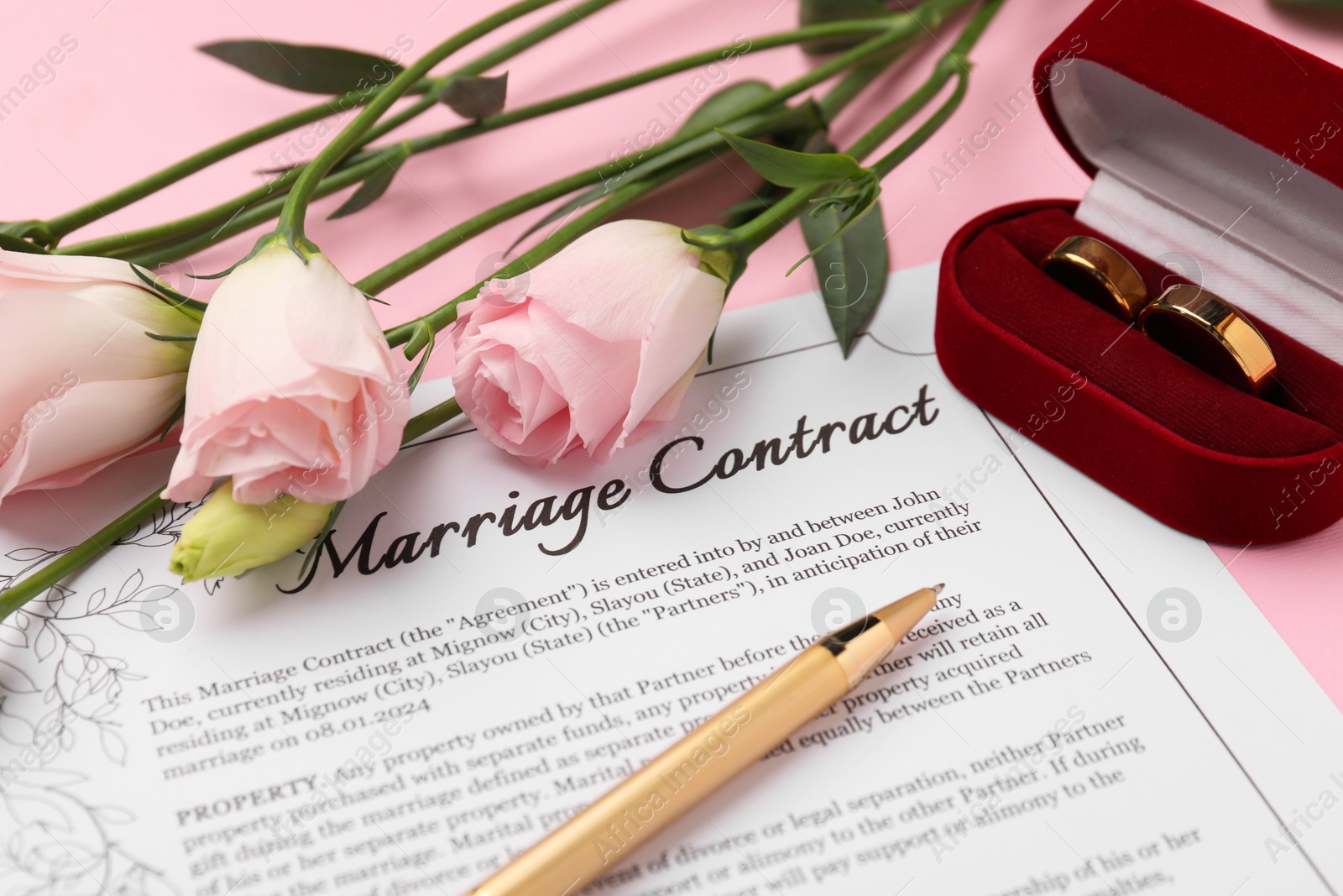 Photo of Marriage contract, pen, flowers and golden rings on pink background, closeup