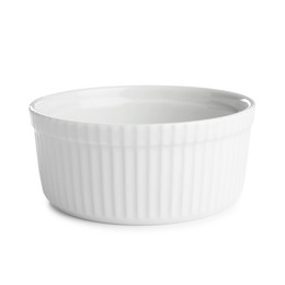 Photo of One ceramic casserole isolated on white. Cooking utensil