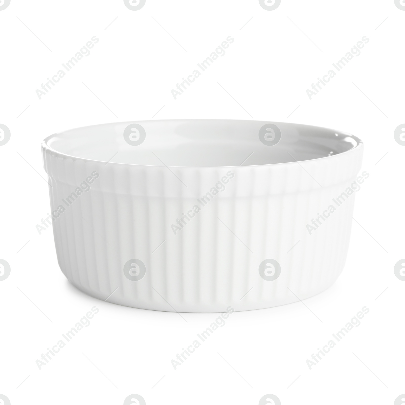 Photo of One ceramic casserole isolated on white. Cooking utensil