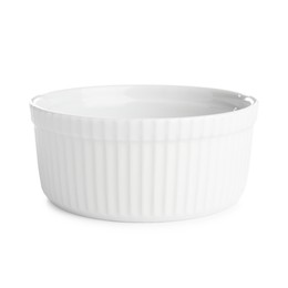 Photo of One ceramic casserole isolated on white. Cooking utensil