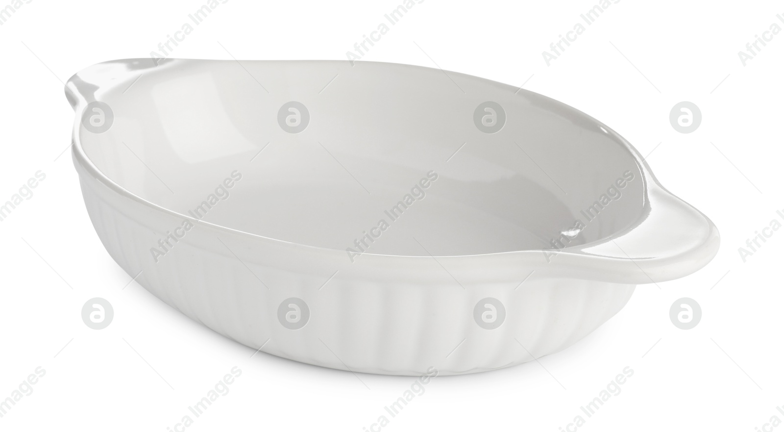 Photo of One ceramic casserole isolated on white. Cooking utensil