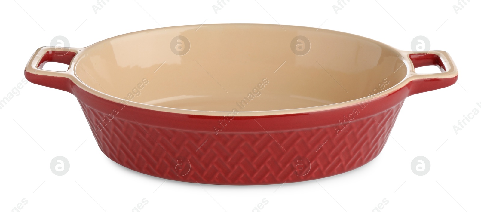 Photo of One ceramic casserole isolated on white. Cooking utensil