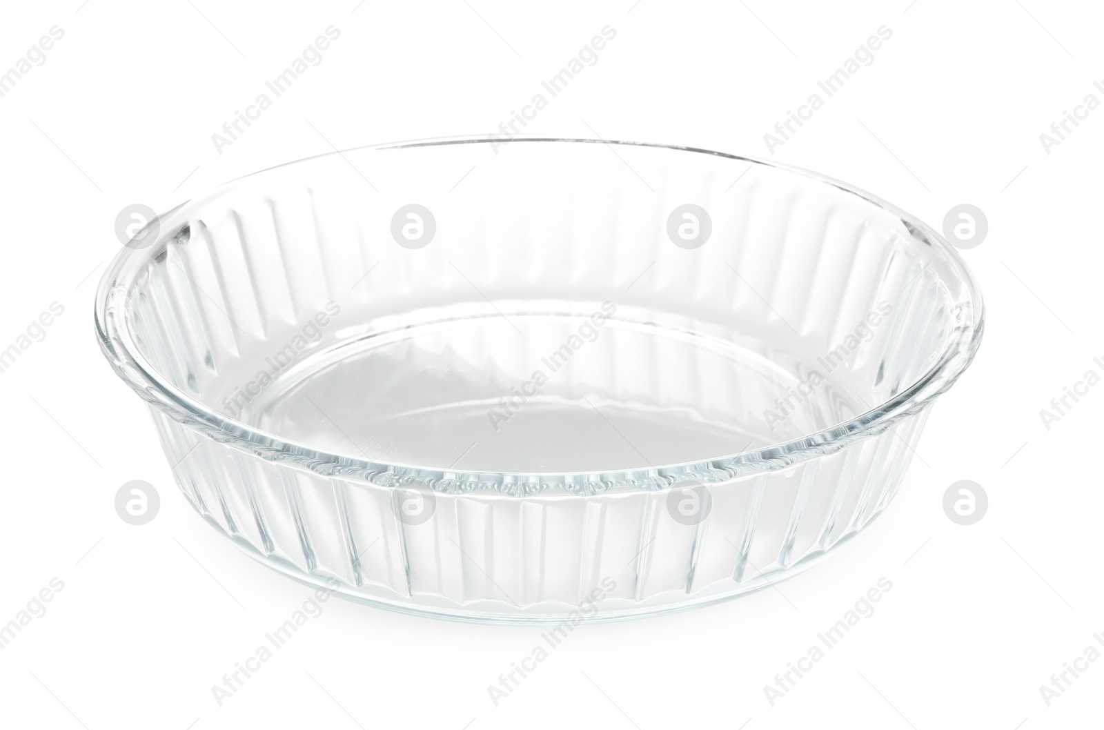 Photo of One glass casserole isolated on white. Cooking utensil