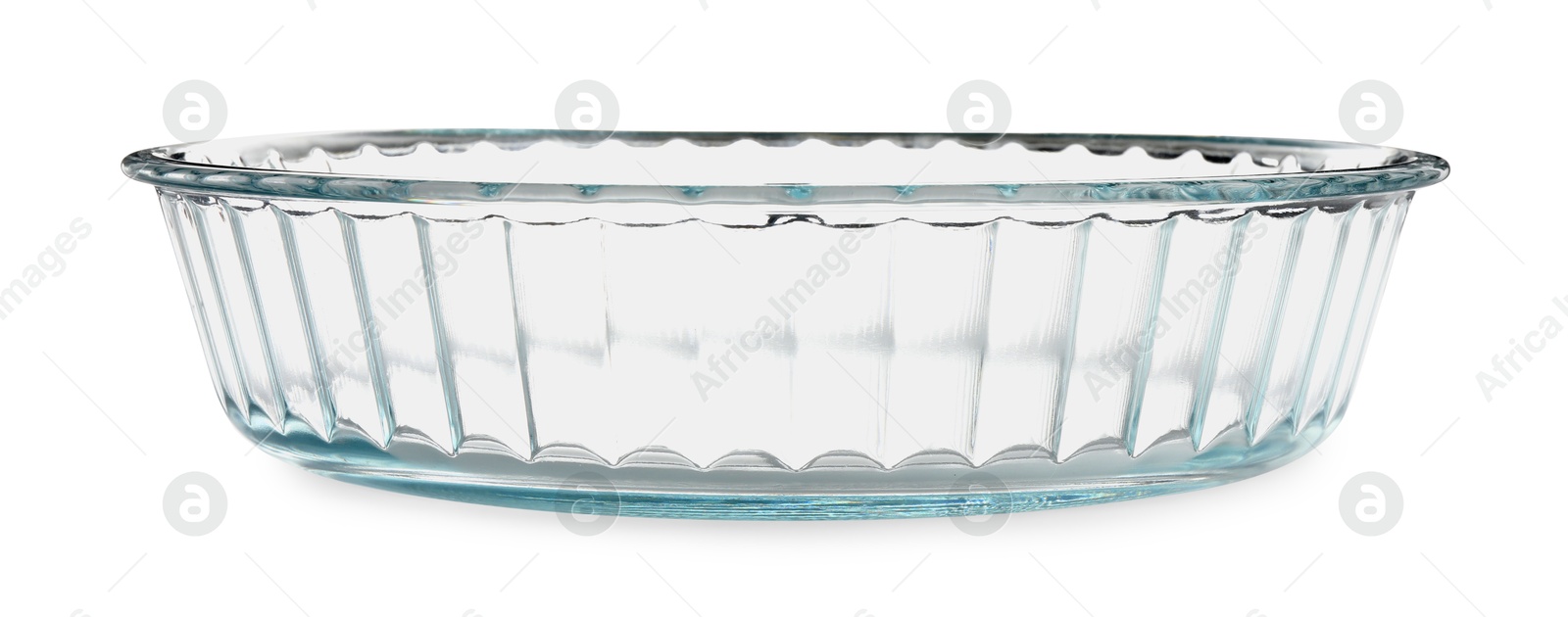 Photo of One glass casserole isolated on white. Cooking utensil