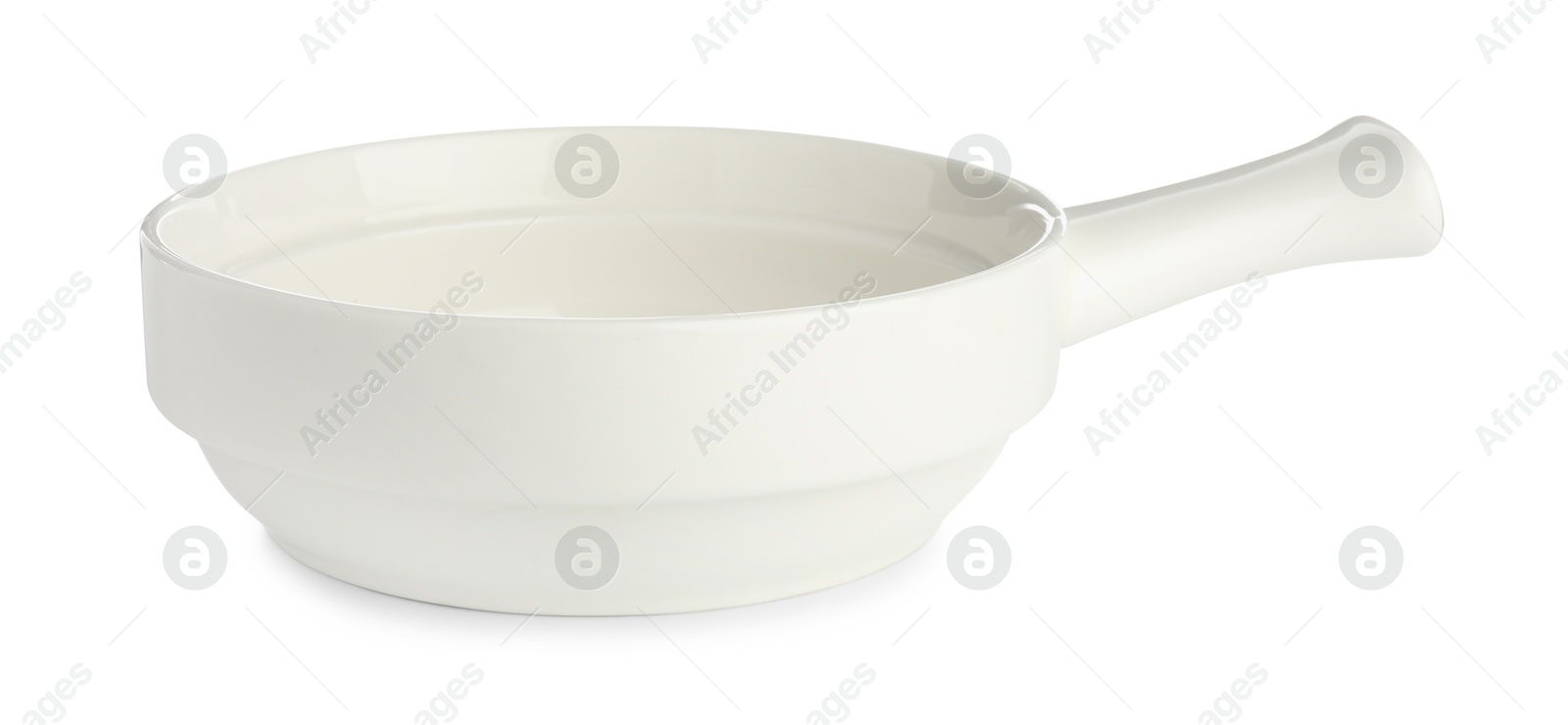 Photo of One ceramic casserole isolated on white. Cooking utensil