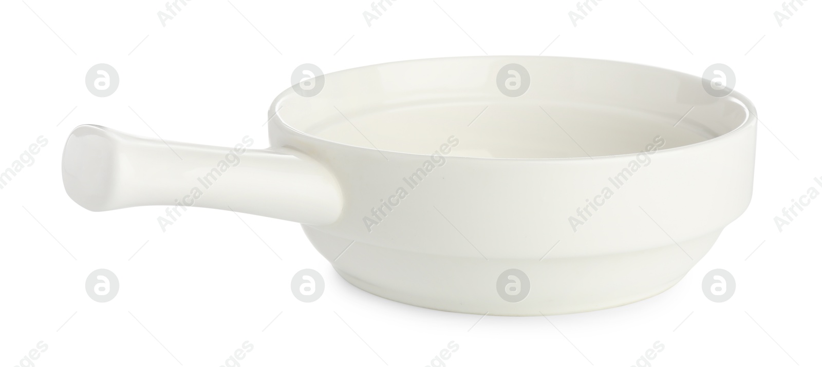 Photo of One ceramic casserole isolated on white. Cooking utensil