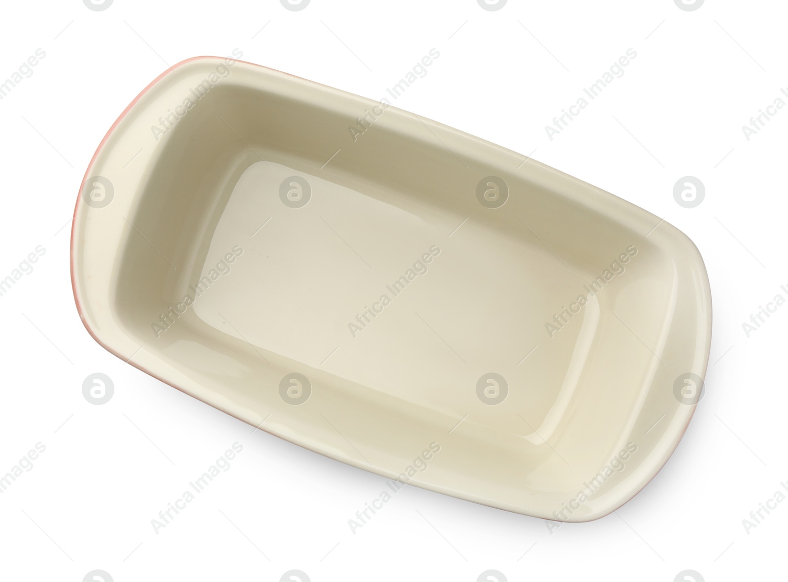 Photo of One ceramic casserole isolated on white, top view. Cooking utensil