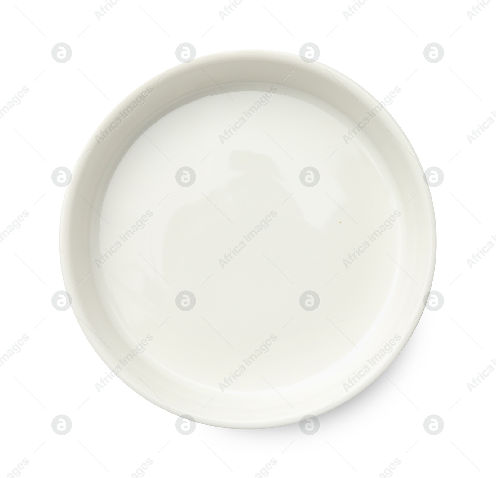 Photo of One ceramic casserole isolated on white, top view. Cooking utensil