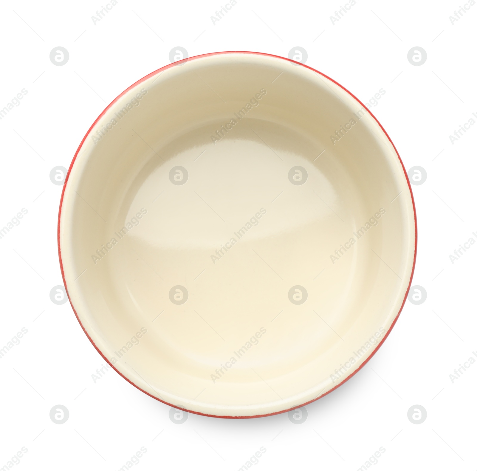 Photo of One ceramic casserole isolated on white, top view. Cooking utensil