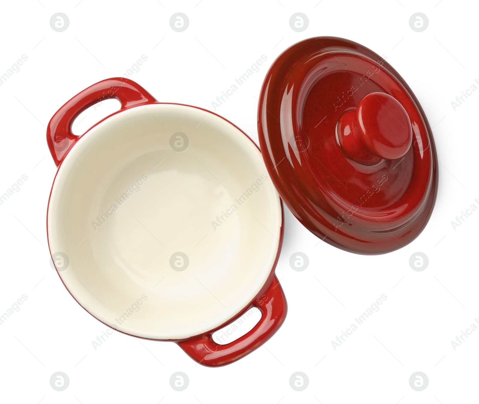 Photo of Ceramic casserole and lid isolated on white, top view. Cooking utensil