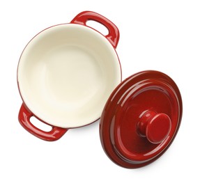 Photo of Ceramic casserole and lid isolated on white, top view. Cooking utensil