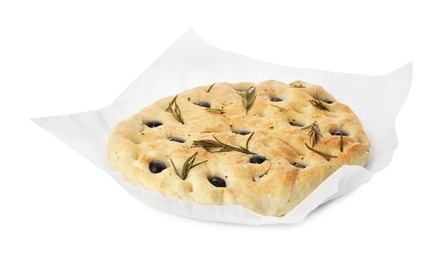 Photo of Delicious focaccia bread with olives and rosemary isolated on white