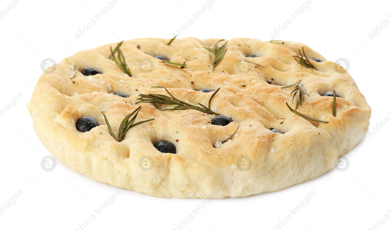 Photo of Delicious focaccia bread with olives and rosemary isolated on white