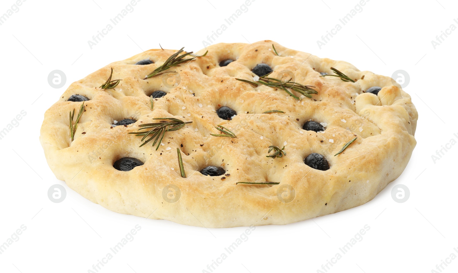 Photo of Delicious focaccia bread with olives and rosemary isolated on white