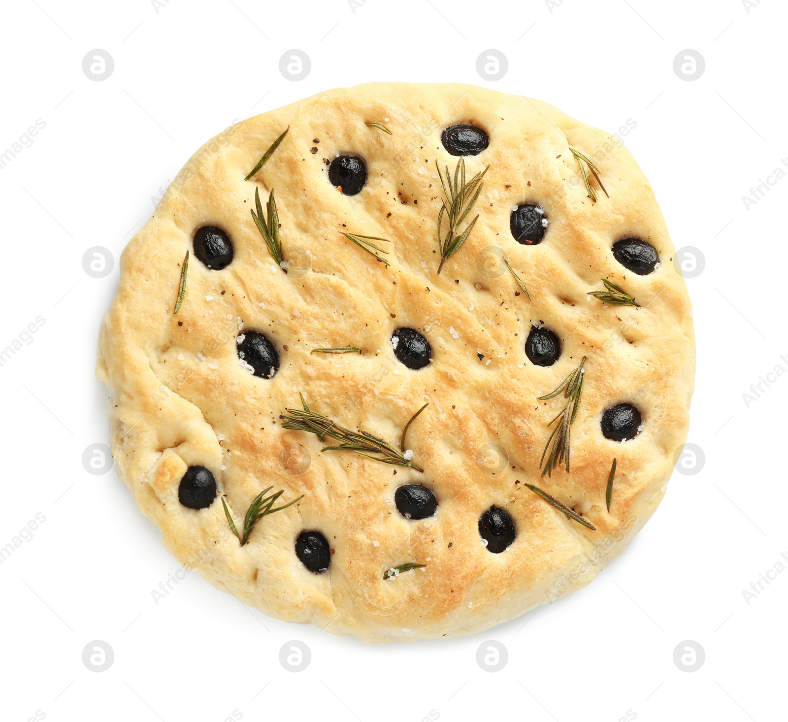 Photo of Delicious focaccia bread with olives and rosemary isolated on white, top view