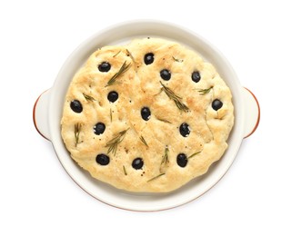 Photo of Delicious focaccia bread with olives and rosemary in baking dish isolated on white, top view