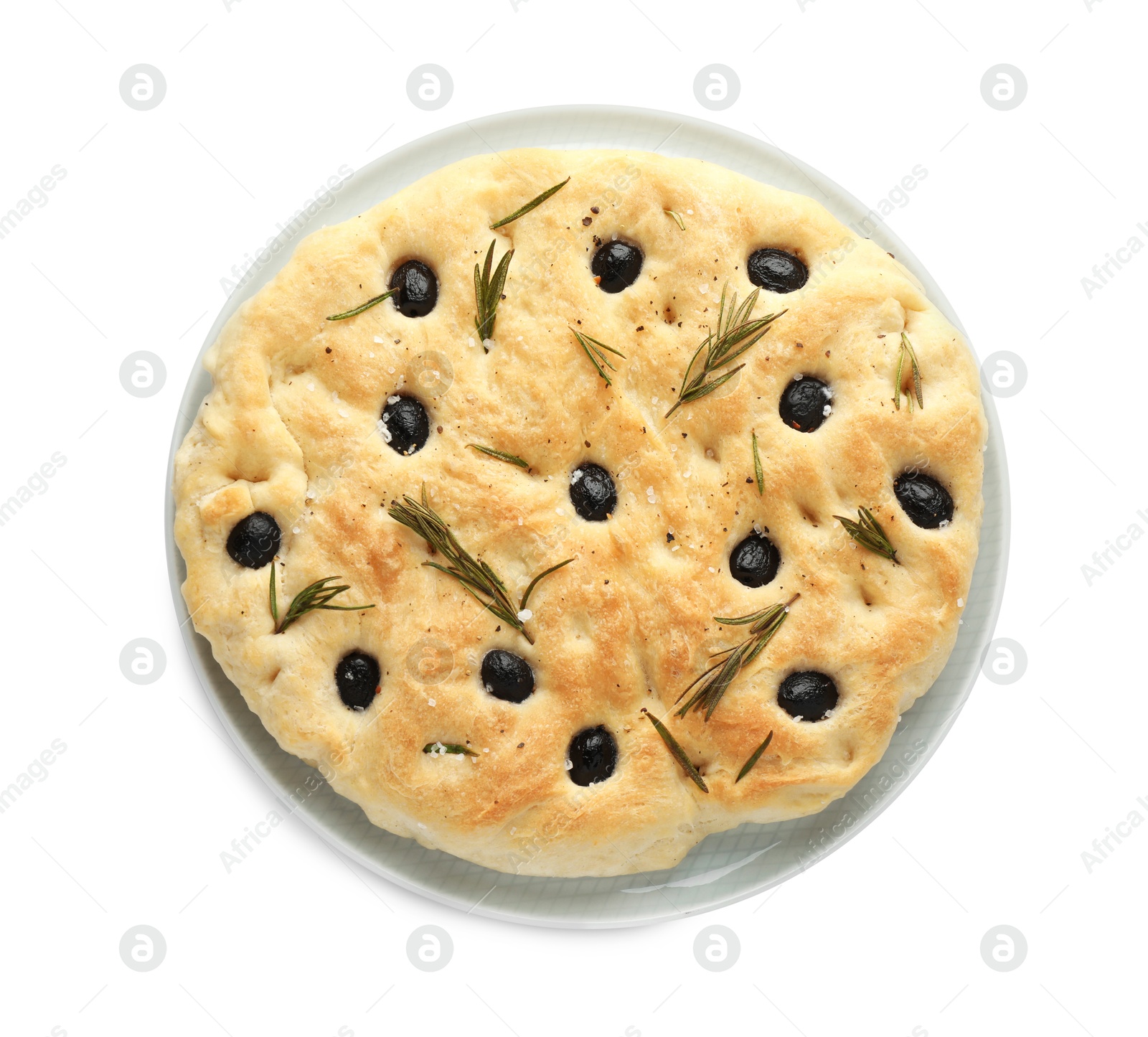 Photo of Delicious focaccia bread with olives and rosemary isolated on white, top view