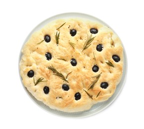 Photo of Delicious focaccia bread with olives and rosemary isolated on white, top view