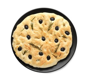 Photo of Delicious focaccia bread with olives and rosemary isolated on white, top view