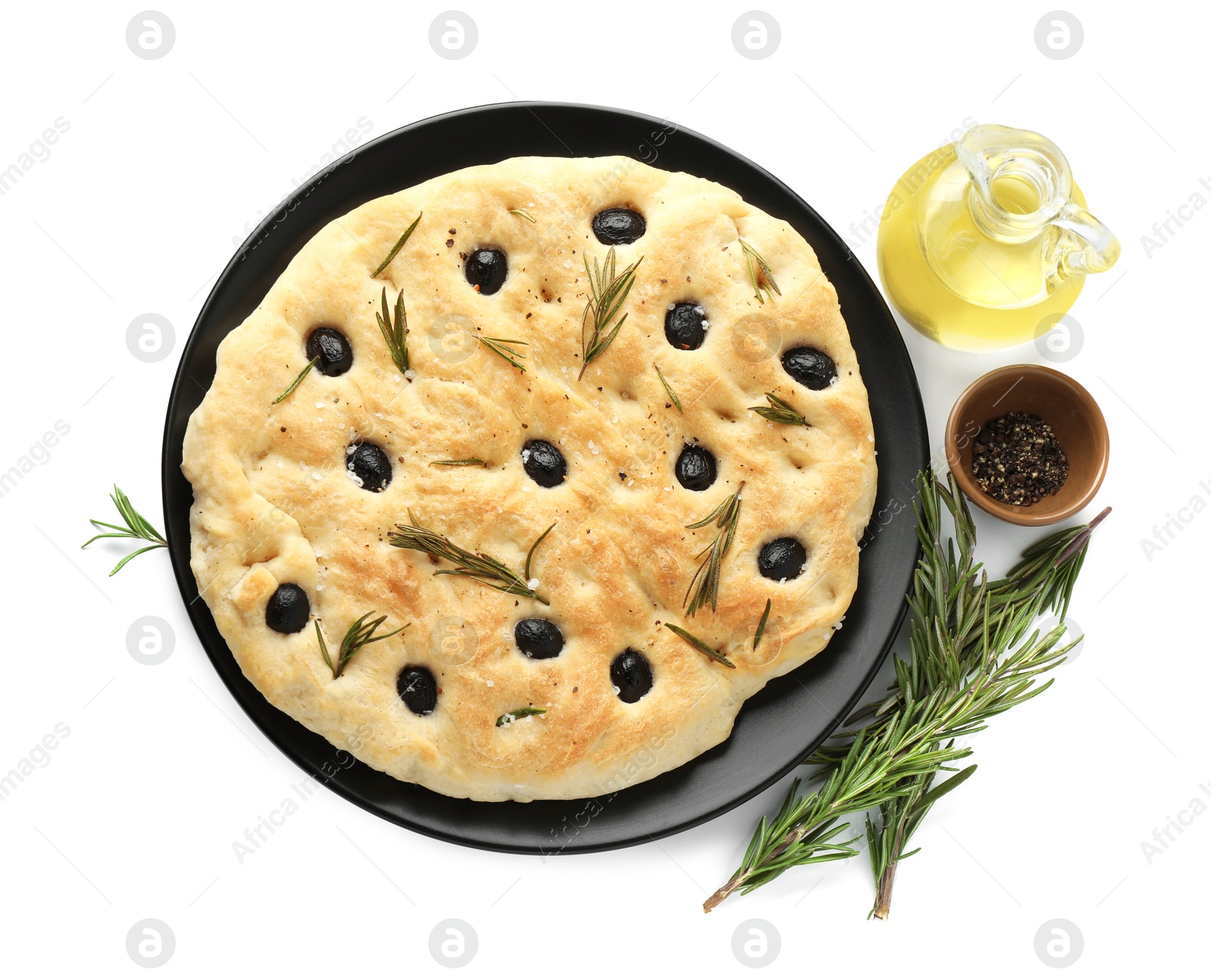 Photo of Delicious focaccia bread with olives, rosemary, spices and oil isolated on white, top view