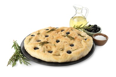 Photo of Delicious focaccia bread with olives, rosemary, salt and oil isolated on white