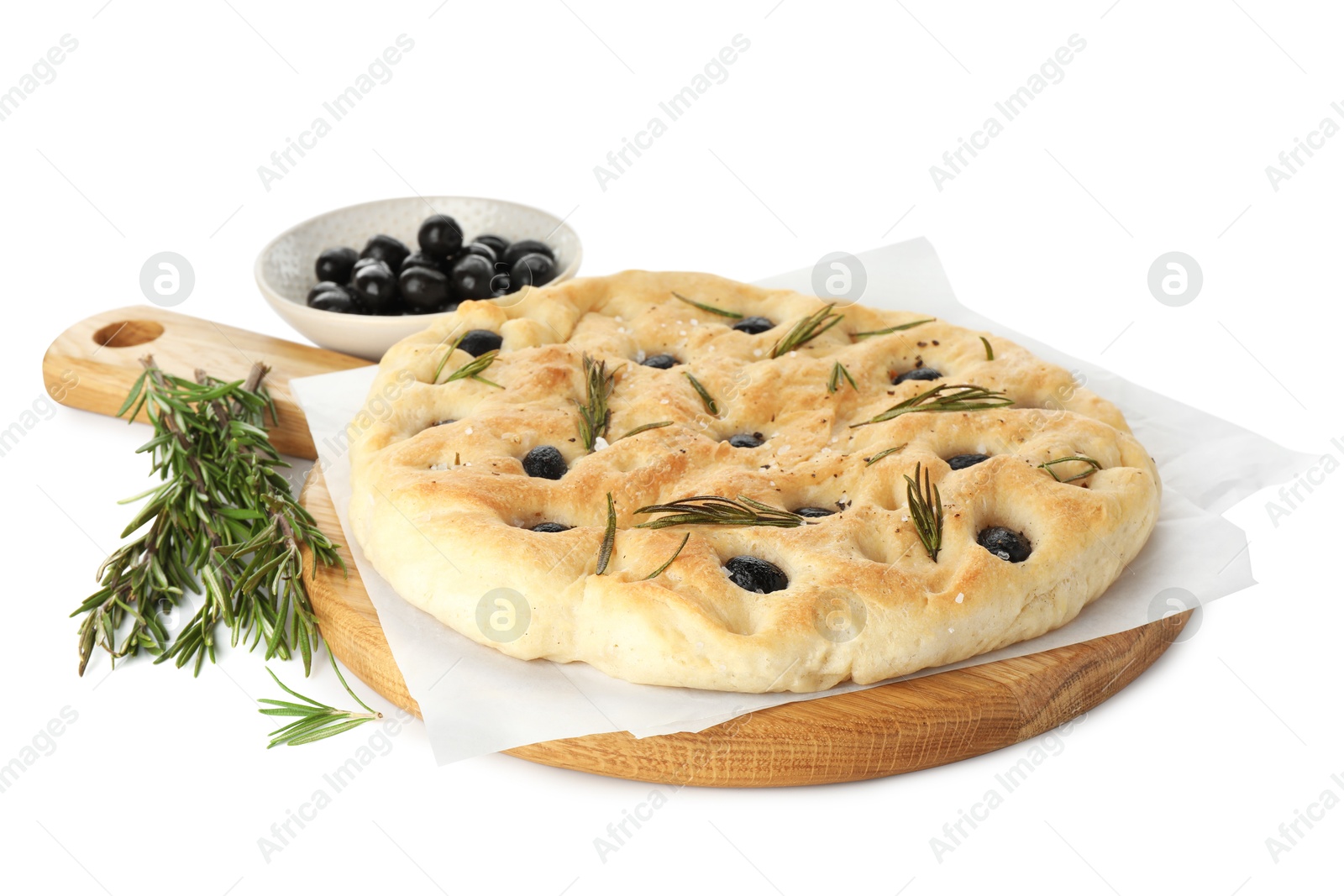 Photo of Delicious focaccia bread with olives and rosemary isolated on white