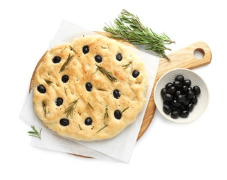 Photo of Delicious focaccia bread with olives and rosemary isolated on white, top view