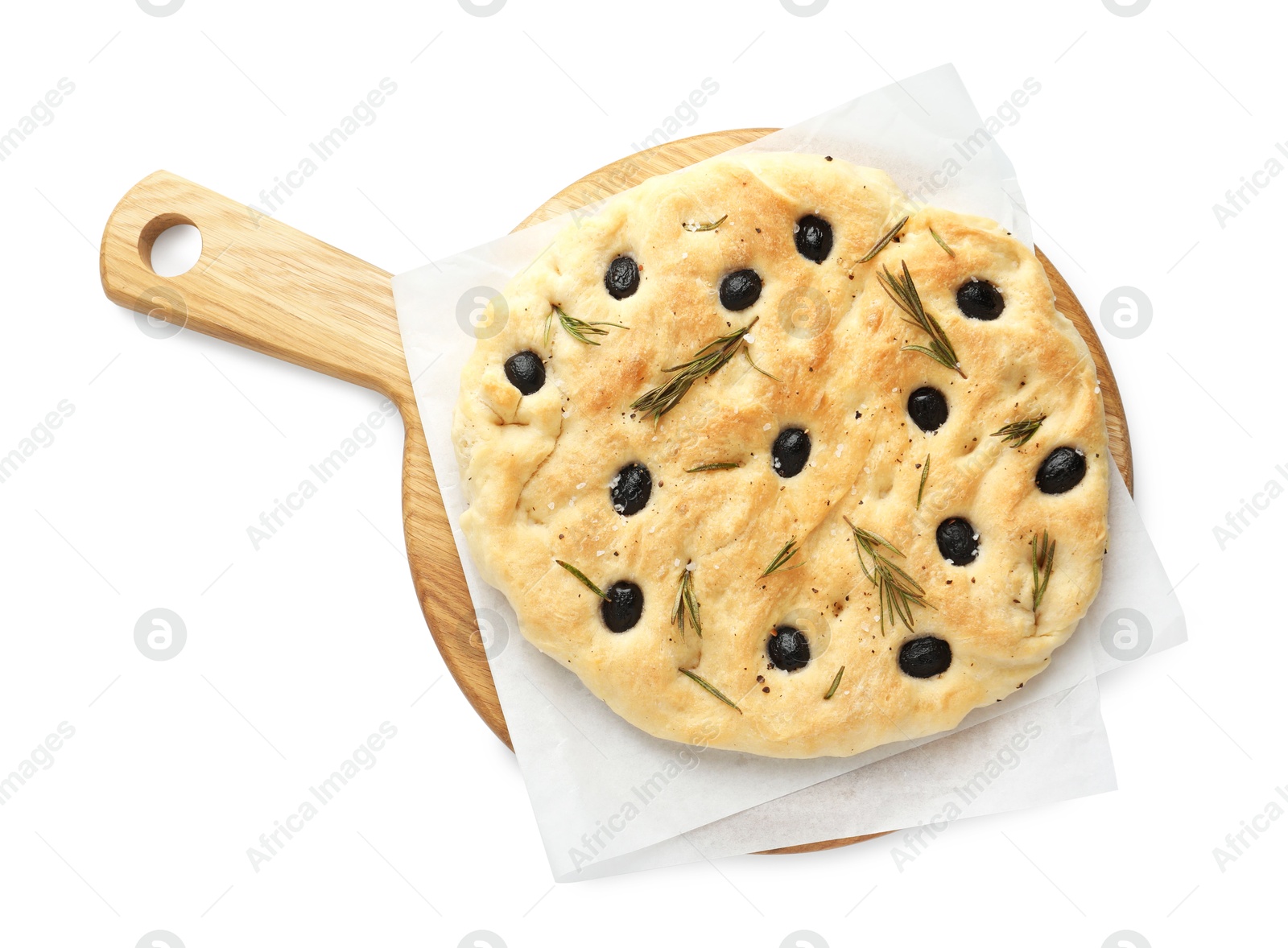 Photo of Delicious focaccia bread with olives, salt and rosemary isolated on white, top view