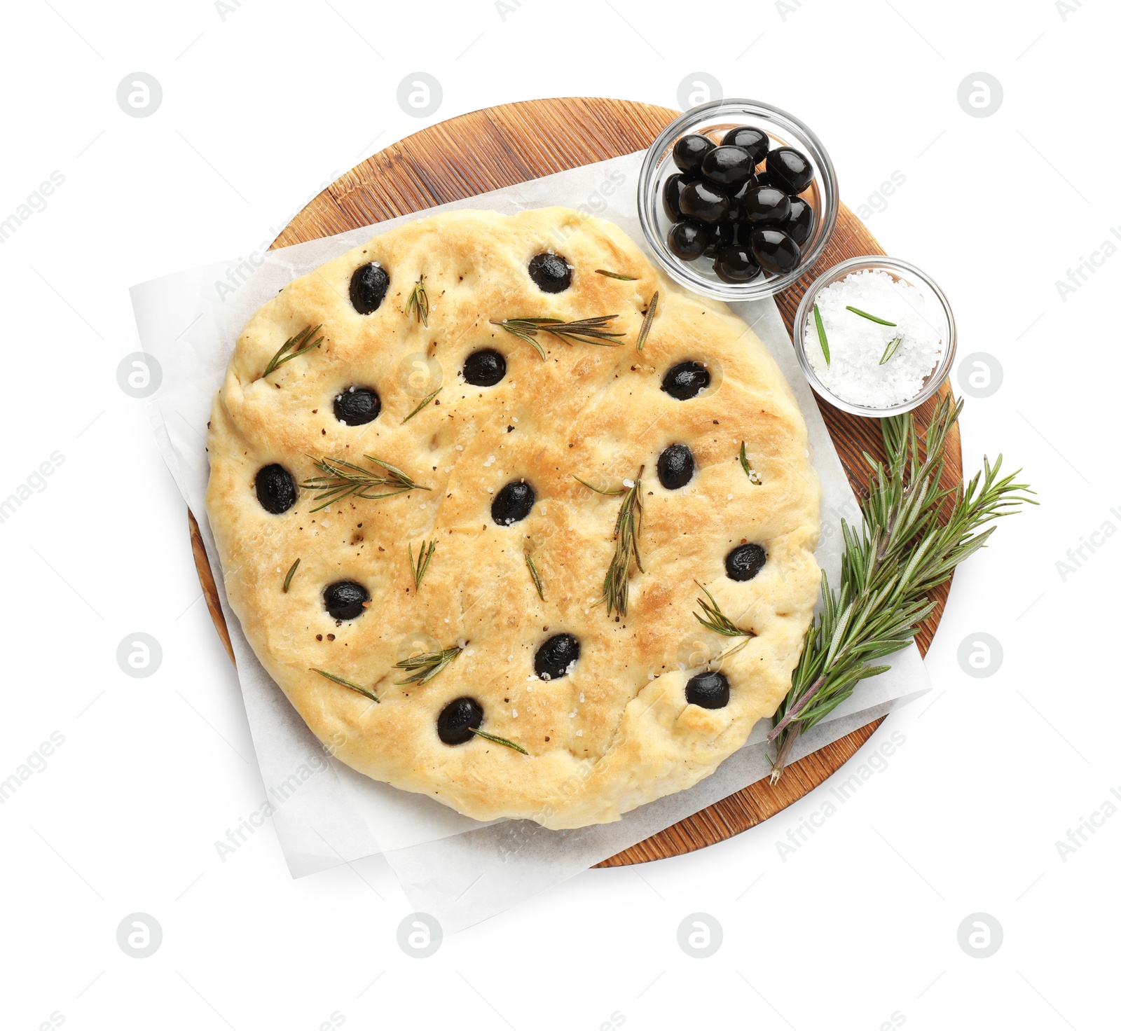 Photo of Delicious focaccia bread with olives, salt and rosemary isolated on white, top view