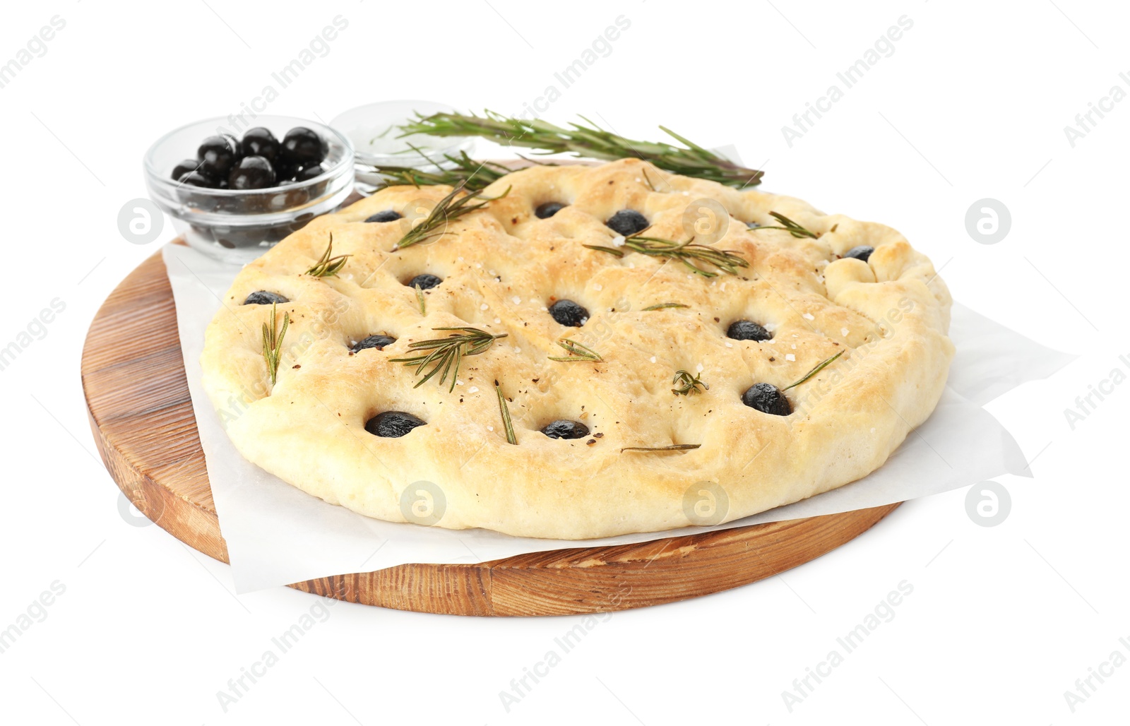 Photo of Delicious focaccia bread with olives, salt and rosemary isolated on white