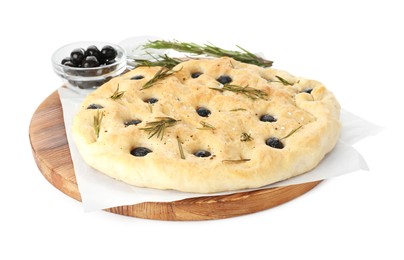 Photo of Delicious focaccia bread with olives, salt and rosemary isolated on white