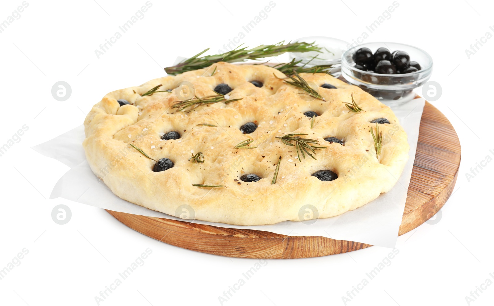 Photo of Delicious focaccia bread with olives, salt and rosemary isolated on white