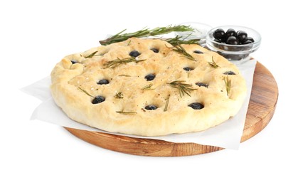 Photo of Delicious focaccia bread with olives, salt and rosemary isolated on white