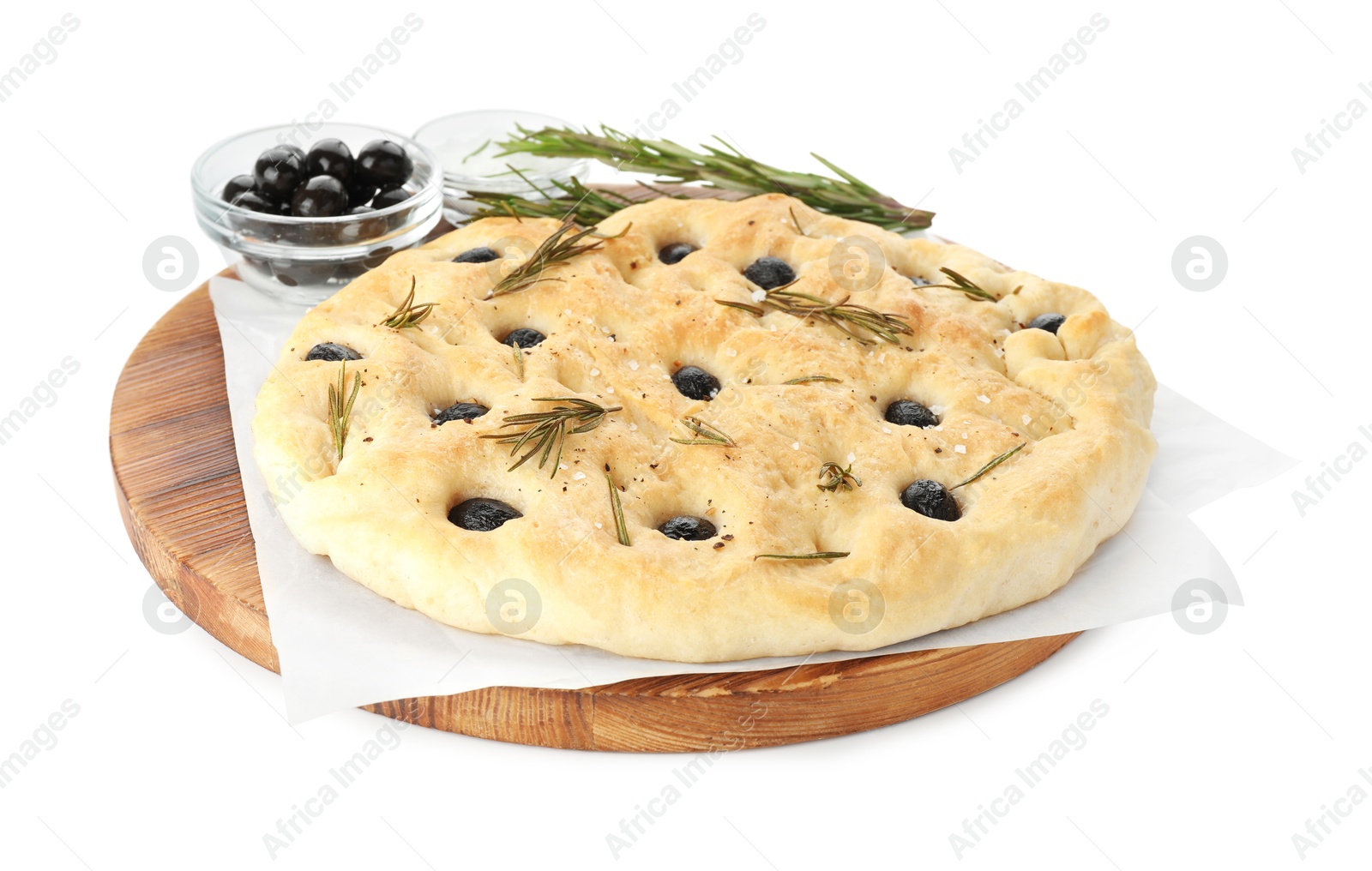 Photo of Delicious focaccia bread with olives, salt and rosemary isolated on white