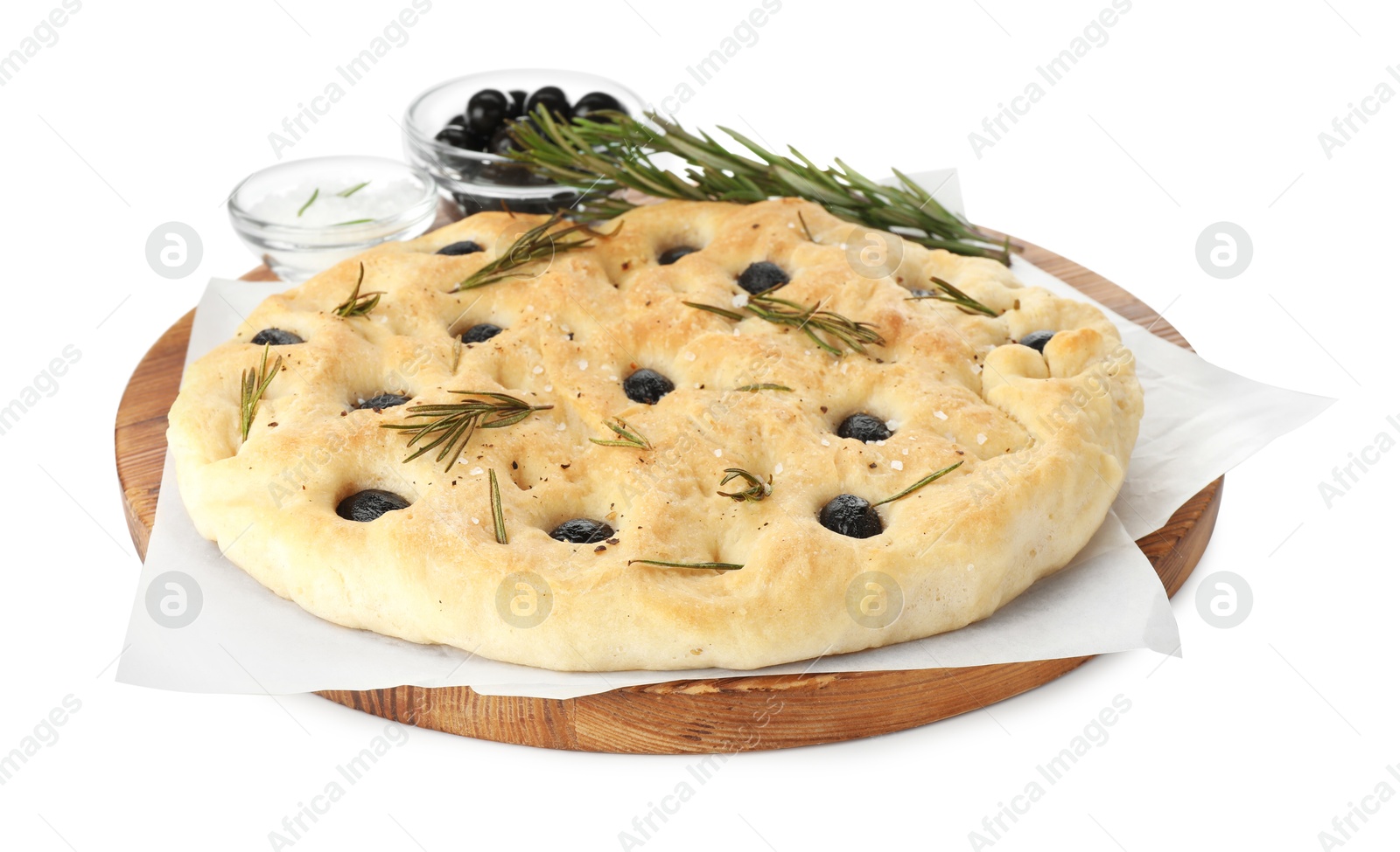 Photo of Delicious focaccia bread with olives, salt and rosemary isolated on white