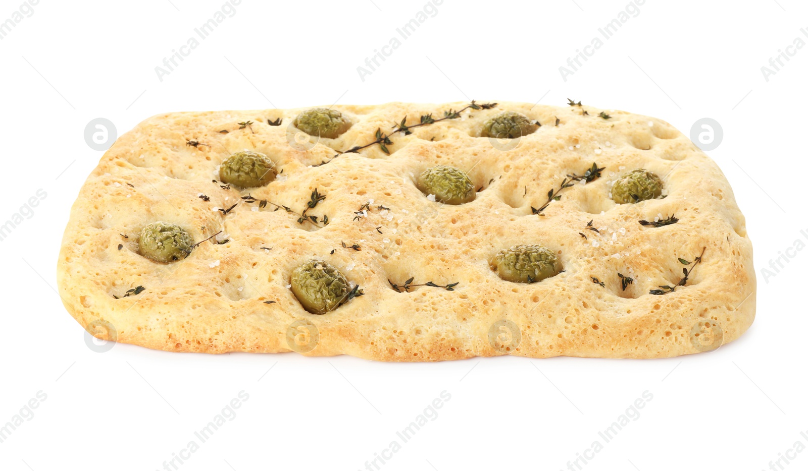 Photo of Delicious focaccia bread with olives, salt and thyme isolated on white