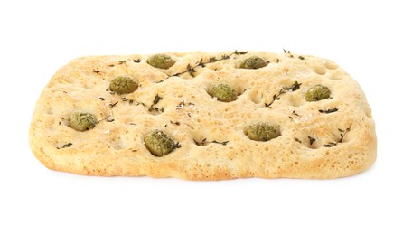 Photo of Delicious focaccia bread with olives, salt and thyme isolated on white