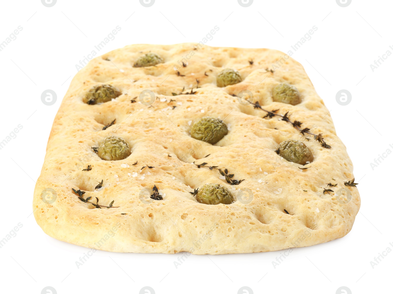 Photo of Delicious focaccia bread with olives, salt and thyme isolated on white