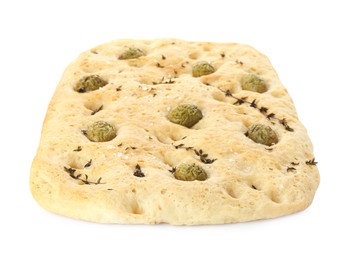 Photo of Delicious focaccia bread with olives, salt and thyme isolated on white