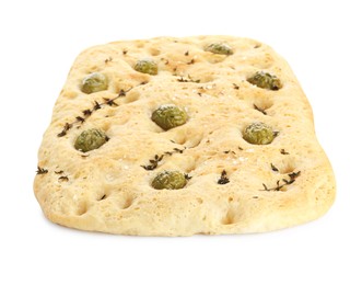 Photo of Delicious focaccia bread with olives, salt and thyme isolated on white