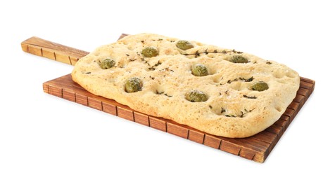 Photo of Delicious focaccia bread with olives, salt and thyme isolated on white