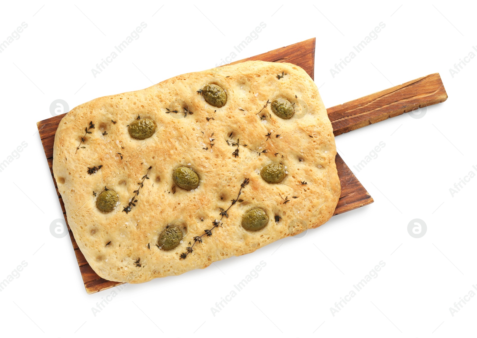 Photo of Delicious focaccia bread with olives, salt and thyme isolated on white, top view