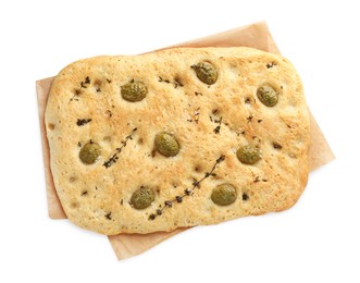 Photo of Delicious focaccia bread with olives, salt and thyme isolated on white, top view