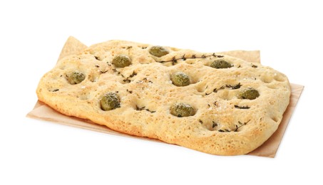 Photo of Delicious focaccia bread with olives, salt and thyme isolated on white