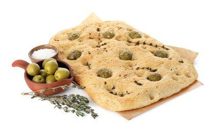 Photo of Delicious focaccia bread with olives, salt and thyme isolated on white