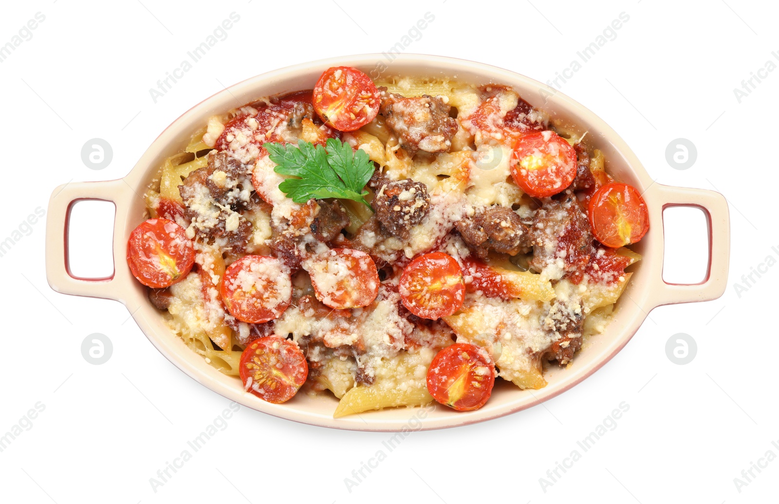 Photo of Delicious pasta casserole with cheese, tomatoes and minced meat in baking dish isolated on white, top view