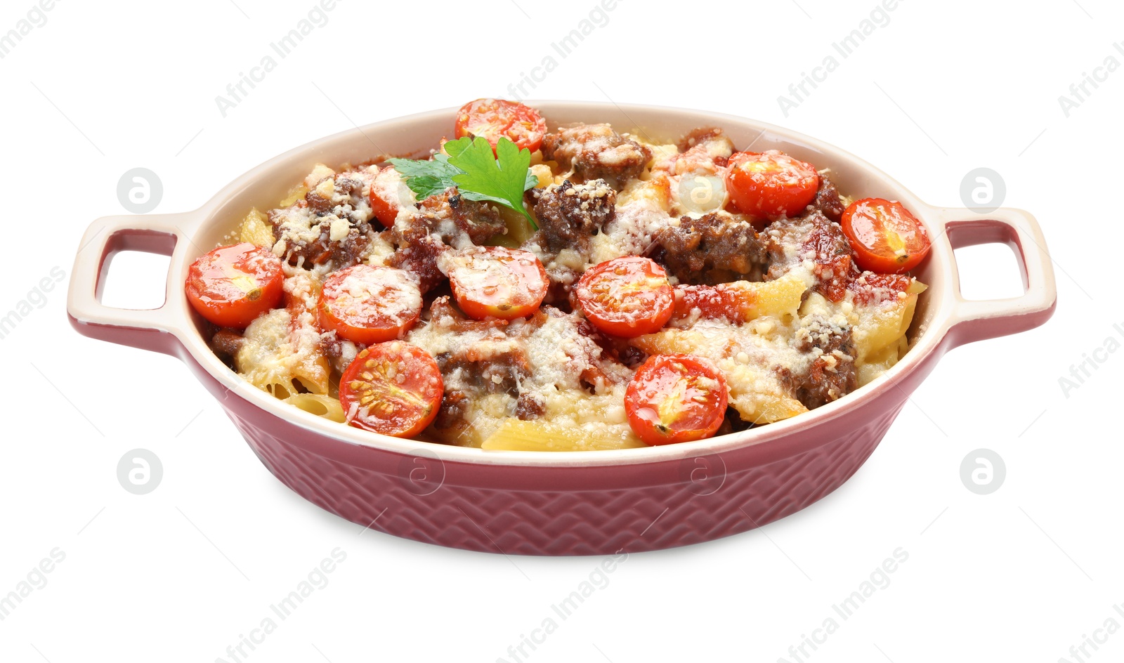 Photo of Delicious pasta casserole with cheese, tomatoes and minced meat in baking dish isolated on white