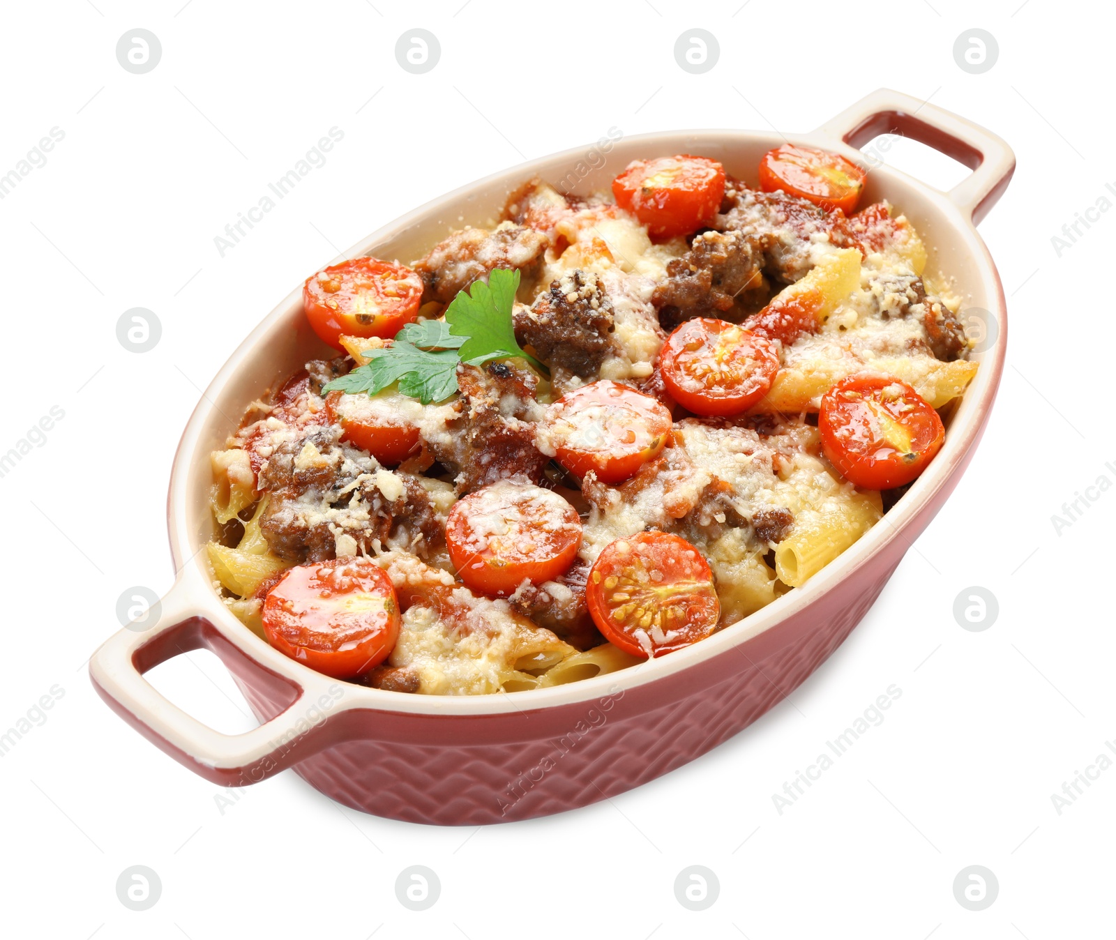 Photo of Delicious pasta casserole with cheese, tomatoes and minced meat in baking dish isolated on white